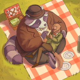 anthro bottomwear bow_tie brown_body brown_fur clothing duo eating eyes_closed fur hat headgear headwear male male/male mature_male overweight overweight_male pants picnic shirt sitting size_difference topwear victomc52 wilbur_&_harold mammal mustelid musteline procyonid raccoon true_musteline weasel 1:1 2026