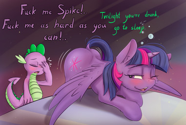 3_fingers anthro ass_up bent_over blush butt cutie_mark dialogue dock_(anatomy) drunk duo eyelashes eyes_closed facepalm feathers female feral fingers fur green_body green_scales hair half-closed_eyes horn inviting lordosis multicolored_hair narrowed_eyes nude one_eye_closed open_mouth presenting presenting_hindquarters profanity purple_body purple_eyes purple_feathers purple_hair purple_scales raised_tail scales simple_background smile standing substance_intoxication tail teeth text tongue wings alcorart conditional_dnp friendship_is_magic hasbro my_little_pony mythology spike_(mlp) twilight_sparkle_(mlp) dragon equid equine mammal mythological_creature mythological_equine mythological_scalie scalie winged_unicorn 2018 digital_media_(artwork) english_text