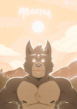 anthro biceps black_nipples blue_eyes facial_piercing fur grey_body grey_fur labret_piercing lens_flare lip_piercing looking_at_viewer male mountain multicolored_body multicolored_fur nipples piercing smile smiling_at_viewer solo sun title two_tone_body two_tone_fur puffy_aysuri adastra adastra_(series) echo_project amicus_(adastra) canid canine canis mammal wolf