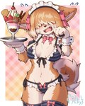 accessory anthro bikini black_bikini black_clothing black_swimwear blush bodily_fluids border breasts brown_body brown_fur brown_hair cherry clothing curled_tail dessert ear_ribbon ears_down fangs female food fruit fur gloves hair hair_accessory hair_ribbon handwear hidden_eyes holding_plate ice_cream maid_bikini maid_headdress maid_uniform medium_breasts open_mouth pink_ribbon pivoted_ears plant ribbons solo standing strawberry sweat sweatdrop swimwear tail teeth thick_thighs two-piece_swimsuit uniform white_body white_border white_clothing white_fur white_gloves white_handwear acky05 fuwari_(acky05) canid canine canis domestic_dog mammal shiba_inu spitz 4:5 hi_res