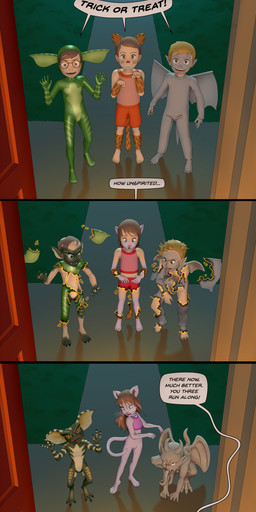3_claws 3_toes 5_fingers 5_toes anthro barefoot black_text blue_eyes bodypaint bodysuit brown_eyes brown_hair cat_costume claws clothing cosplay costume crossgender dialogue doorstep ear_growth eyewear face_paint fake_ears fake_tail fake_whiskers featureless_crotch feet female fingers forced forced_transformation front_door glasses green_body green_scales green_skin grey_body grey_skin grey_tongue group growth hair halloween_costume holidays horn horn_growth human_to_anthro looking_at_viewer magic_user male mtf_crossgender night open_mouth pupils scales sharp_teeth short_hair skinsuit slit_pupils smile species_transformation speech_bubble spread_wings tail tail_growth teeth text tight_clothing toe_claws toes tongue tongue_out transformation transformation_sequence trio whiskers white_speech_bubble wings witch yellow_sclera young young_anthro young_human young_male donpretzel gremlins halloween felid feline gargoyle gremlin_(gremlins) human mammal monster 2023 absurd_res comic digital_drawing_(artwork) digital_media_(artwork) english_text hi_res sequence