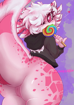 anthro big_butt big_tail bite bone bottomless bottomless_anthro bottomless_female butt candy clothed clothing coat dessert female food genitals hair holding_food holding_object huge_butt huge_hips huge_thighs jacket long_tail pink_body skull tail thick_thighs topwear vulva white_hair wide_hips sushilegion amphibian aquatic axolotl mole_salamander salamander scalie absurd_res digital_drawing_(artwork) digital_media_(artwork) hi_res