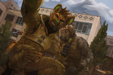 anthro building camo clothed clothing crouching detailed_background duo dutch_angle fingerless_gloves gas_mask gloves green_inner_ear green_nose handwear male mask outside whiteleonard s.t.a.l.k.e.r. hyena mammal 2023 dated hi_res
