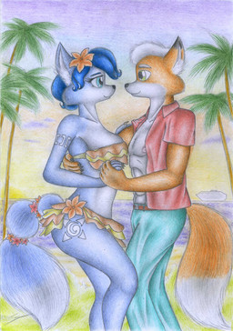 accessory anthro beach belt bikini blue_eyes bottomwear breasts clothed clothing dancing dipstick_ears dipstick_tail duo ear_markings eye_contact eyebrows eyelashes female flower flower_in_hair fur green_eyes hair hair_accessory hand_holding inner_ear_fluff looking_at_another male markings multicolored_ears open_clothing open_shirt open_topwear outside palm_tree pants plant romantic romantic_couple seaside shirt short_hair sunset swimwear tail tail_markings topwear tree tuft two-piece_swimsuit sinaherib nintendo star_fox fox_mccloud krystal_(star_fox) canid canine fox mammal 2021 absurd_res colored colored_pencil_(artwork) graphite_(artwork) hi_res story story_in_description traditional_media_(artwork)