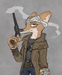 anthro black_nose clothed clothing coat cosplay duo fully_clothed fur gun handgun holding_gun holding_object holding_ranged_weapon holding_weapon magnum_research_bfr male ranged_weapon revolver topwear weapon disney fallout microsoft zootopia ncr_ranger_(fallout) nick_wilde the_courier_(fallout) canid canine fox mammal red_fox true_fox hi_res