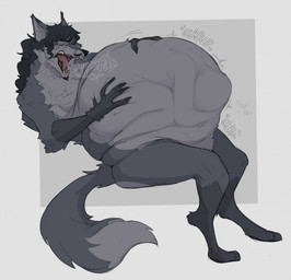 abdominal_bulge anthro belly big_belly black_hair burping fur grey_body grey_fur hair huge_belly male male_pred open_mouth rumbling_stomach same_size_vore vore indigested_omelette mythology canid canine canis mammal mythological_canine mythological_creature werecanid werecanine werecreature werewolf wolf hi_res