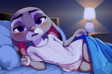 anthro bedding bedroom biped blanket blush bottomless breasts clothed clothing detailed_background eyebrows female female_anthro looking_at_viewer lying on_side open_mouth purple_eyes raised_eyebrow shirt shirt_only small_breasts solo t-shirt thick_thighs topwear topwear_only under_blanket under_covers wide_hips zigrock001 disney zootopia judy_hopps european_rabbit lagomorph leporid mammal oryctolagus rabbit absurd_res hi_res portrait signature three-quarter_portrait