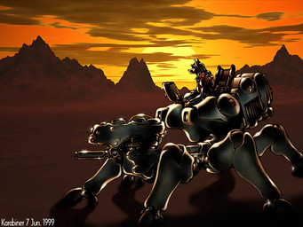 ambiguous_gender anthro black_hair detailed_background group hair horizon machine mecha sunset karabiner canid canine mammal 1999 4:3