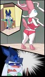 3_panel_comic anthro blue_body blush bulge cheerleader cheerleader_outfit clothed clothing clothing_lift confusion crossdressing dialogue dress dress_lift duo embarrassed femboy inside locker_room male panties penis_in_panties pink_body pink_clothing pink_dress pink_panties pink_underwear raised_clothing raised_dress raised_tail semi-anthro shocked standing tail text underwear undressing white_body matachu nintendo pokemon glacey_frost_(the_go1den_fox) sid_(matachu) eeveelution generation_4_pokemon generation_6_pokemon glaceon pokemon_(species) sylveon 2023 absurd_res comic digital_drawing_(artwork) digital_media_(artwork) english_text flat_colors hi_res