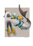 anthro blue_eyes bottomwear clothing female footwear hair shark_tail shoes shorts socks solo white_hair yellow_clothing yellow_footwear yellow_shoes gfox404 domestic_cat felid feline felis fish hybrid mammal marine shark siamese hi_res