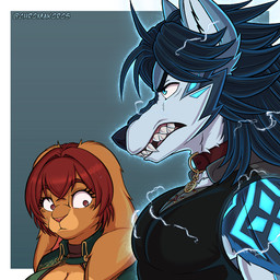 anthro aura black_hair blue_body blue_eyes blue_fur bodily_fluids brown_eyes cloak clothed clothing collar duo female fur g_clef glowing glowing_eyes glowing_markings hair jewelry male male/female markings muscular muscular_chest muscular_male musical_clef musical_symbol orange_body orange_fur pendant red_hair sleeveless_shirt snarling stare super_form sweat sweatdrop symbol chromakoros girl_staring_at_man's_chest carmela_treviso koros_whitefang canid canine canis domestic_rabbit lagomorph leporid lop_rabbit mammal oryctolagus rabbit wolf 1:1 meme