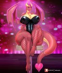 anthro big_breasts biped breasts cleavage clothed clothing female fishnet_clothing fishnet_legwear heart_symbol huge_breasts legwear leotard lips pink_body sitting solo thick_lips thick_thighs mrxrayfire activision mythology spyro_the_dragon ember_(spyro) dragon mythological_creature mythological_scalie scalie hi_res