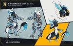 3_toes 4_fingers anthro armor belt_collar blue_body blue_eyes blue_fur exoskeleton feet fingers fur horn looking_at_viewer male multiple_poses open_mouth pose solo tail text toes tongue white_body white_fur kiaun derideal dirvys 16:10 2021 absurd_res english_description english_text hi_res model_sheet widescreen