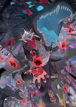 2_horns 5_fingers anthro belt black_body black_bottomwear black_clothing black_coat black_fur black_pants black_topwear blue_eyes blue_tongue bottomwear city claws clothed clothed_anthro clothed_male clothing coat conjuration dark_body dark_scales ear_piercing fangs finger_claws fingers fluffy footwear fully_clothed fully_clothed_anthro fully_clothed_male fur furgonomic_footwear furgonomics grey_body grey_claws grey_fur gums hair hand_on_sword head_horn horn inner_ear_fluff looking_at_viewer magic_user male mask open_mouth outside pants pawpads piercing puddle red_belt red_horn red_mask red_pawpads reflection scales shirt shoes simple_eyes standing tail teeth tongue topwear tuft wearing_mask white_claws white_clothing white_hair white_sclera white_shirt white_topwear yellow_clothing yellow_eyes yellow_footwear yellow_shoes chiayeeee mythology nocturne_(nocturnewolf) canid canine canis dragon mammal mythological_creature mythological_scalie scalie wolf 2023 absurd_res digital_drawing_(artwork) digital_media_(artwork) full-length_portrait hi_res portrait signature