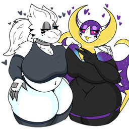 anthro anthrofied big_breasts blue_eyes breasts clothed clothing duo eyeshadow female female/female fur looking_at_viewer makeup purple_body simple_background smile thick_thighs white_body white_fur wings enderbendr mythology nintendo pokemon amelia_(endrslendr) luna_(endrslendr) bat dragon generation_5_pokemon generation_7_pokemon legendary_pokemon lunala mammal mythological_creature mythological_scalie pokemon_(species) reshiram scalie 1:1 absurd_res hi_res
