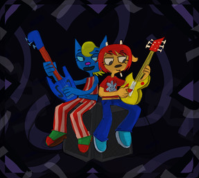 abstract_background anthro bass_guitar blonde_hair blue_body blue_fur bottomwear cigarette clothing denim denim_bottomwear denim_clothing duo electric_guitar eyelashes female footwear fur guitar hair half-closed_eyes horn jeans midriff musical_instrument narrowed_eyes navel orange_body orange_fur pants playing_guitar playing_music plucked_string_instrument red_hair shirt shoes sitting smoking string_instrument stripes tank_top topwear cate_wurtz parappa_the_rapper sony_corporation sony_interactive_entertainment um_jammer_lammy katy_kat lammy_lamb bovid caprine felid feline mammal sheep