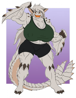 anthro big_breasts biped breasts clothed clothing female huge_breasts looking_at_viewer muscular muscular_anthro muscular_female nipple_outline non-mammal_breasts smile solo standing tail clock-face capcom monster_hunter mythology barioth dragon flying_wyvern mythological_creature mythological_scalie scalie hi_res