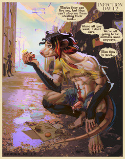 anthro big_clitoris bodily_fluids clitoris clothing detailed_background dialogue eating enjoying erection fur fur_growth gender_transformation genital_fluids genitals growth half_naked huge_clitoris implied_transformation leaking leaking_precum male male_anthro penis pleased_expression precum public public_nudity snout snout_growth solo species_transformation text torn_clothing transformation virus ambra_nells american_opossum mammal marsupial absurd_res english_text hi_res