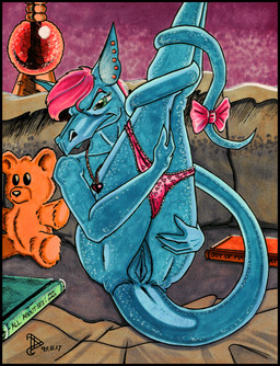 accessory anthro anus biped black_border blue_body book border bottomwear bow_(feature) bow_accessory bow_ribbon butt clothed clothing dragon_tail ear_piercing female furgonomics genitals green_eyes hair jewelry legs_up looking_at_viewer lying mostly_nude mostly_nude_anthro mostly_nude_female necklace on_back panties panties_down partially_clothed piercing plushie presenting presenting_hindquarters purple_hair ribbons solo tail tail_accessory tail_bow tail_ribbon teddy_bear underwear underwear_down vulva paul_defenbaugh mythology valesz_(defenbaugh) dragon mythological_creature mythological_scalie scalie 1993