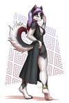 2024 2:3 absurd_res anklet anthro arm_tuft barefoot biped black_body black_clothing black_dress black_fur black_nose blue_eyes breasts butt butt_pose canid canine canis closed_smile clothed clothed_anthro clothed_female clothing diamond_(valor-force) domestic_dog dress eyebrows eyelashes feet female female_anthro full-length_portrait fur hair hi_res husky jewelry looking_at_viewer looking_back looking_back_at_viewer mammal medium_breasts mouth_closed mykegreywolf nordic_sled_dog portrait pose purple_hair shoulder_tuft side_boob smile smiling_at_viewer solo spitz standing tiptoes tuft white_body white_fur