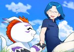 blue_hair claws duo eyewear feral fur glasses grin hair hand_holding male red_hair smile white_body white_fur hsnkz809 bandai_namco digimon joe_kido digimon_(species) gomamon human mammal