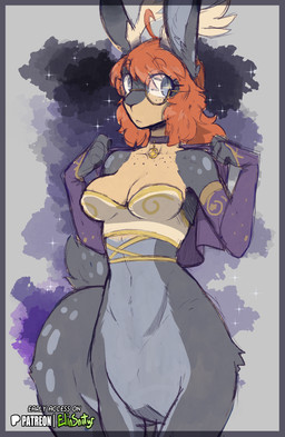 blue_eyes breasts clothed clothed_female clothed_taur clothing eyewear female female_taur fingers front_view fur glasses grey_body grey_fur grey_tail hair looking_at_viewer navel orange_hair simple_background solo standing tail spiritelin astrid_(psychorodent) deer deer_taur mammal mammal_taur taur 2025 digital_drawing_(artwork) digital_media_(artwork) hi_res