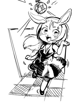anthro blush bodily_fluids breasts clothed clothing dance_floor dancing dress eyelashes fangs female footwear fully_clothed hair long_hair looking_at_viewer motion_lines open_mouth shoes simple_background solo sweat sweatdrop teeth white_background oposa lagomorph leporid mammal rabbit black_and_white character_request hi_res monochrome