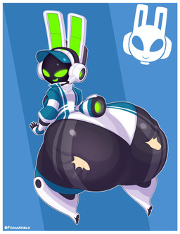 anthro big_butt black_body blue_background blue_clothing blue_hat blue_headwear blue_leotard blue_tail border breasts butt butt_grab butt_squish clothed clothed_female clothing disembodied_hand electronics empty_eyes female footwear green_eyes green_inner_ear green_mouth hand_on_another's_butt hand_on_butt hat headgear headphones headset headwear huge_butt hyper hyper_butt leotard looking_at_viewer looking_back looking_back_at_viewer machine open_mouth open_smile rear_view scut_tail shoes short_tail simple_background smile smiling_at_viewer solo squish tail text thick_thighs two_tone_tail white_border white_clothing white_ears white_footwear white_headset white_leotard white_shoes white_tail fromariels project_turboblast tempo_(project_turboblast) lagomorph leporid mammal rabbit robot robot_anthro 2026 absurd_res artist_name colored digital_media_(artwork) hi_res shaded