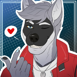 anthro blue_claws blue_eyes claws clothing heart_symbol jacket jewelry male necklace one_eye_closed smile smiling_at_viewer solo topwear wink sajophoe cole_canine canid canine canis domestic_dog husky mammal nordic_sled_dog spitz 1:1 hi_res