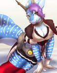 anthro big_breasts breasts cleavage clothed clothing female gloves gradient_background green_eyes hair handwear lingerie purple_hair simple_background smile solo tail thick_tail white_background ketzel99 rigel_(1stsavagery) carpet_shark fish marine shark whale_shark 2022 absurd_res hi_res