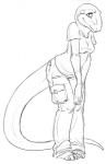 anthro biped bottomwear breasts cargo_pants clothed clothing feet female hindpaw nipple_outline non-mammal_breasts pants paws shirt simple_background solo standing tail topwear white_background conditional_dnp sefeiren jenny_(slither) komodo_dragon lizard monitor_lizard reptile scalie black_and_white monochrome sketch