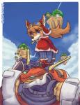 bone cloud duo island looking_back machine male sitting sky smile bastriw cyberconnect2 little_tail_bronx solatorobo dahak_(solatorobo) red_savarin canid canine caninu canis domestic_dog mammal robot shiba_inu spitz hi_res