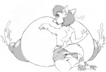 anthro areola big_areola big_breasts bodily_fluids breast_expansion breasts canid canine canis clothing digital_media_(artwork) expansion female foxey_(artist) huge_breasts humor hyper hyper_breasts joke juliet_poitrine_(character) lactating looking_at_viewer mammal milk monochrome nipples solo tail tongue torn_clothing wolf