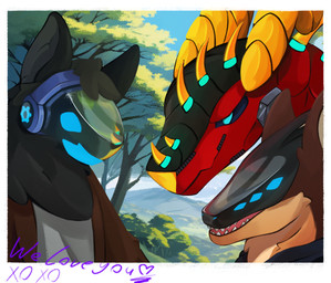 6_eyes anthro clothing feral group group_portrait happy machine male multi_eye outside plant tree trio anhanme mark_(theroboticdragon) mitch_(theroboticdragon) raidon_(theroboticdragon) mantled_beast mechanical_dragon protogen bust_portrait headshot_portrait hi_res portrait