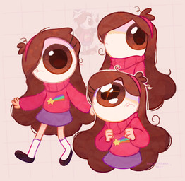 bottomwear brown_eyes brown_hair clothing female footwear hair pink_clothing pink_hairband pink_sweater pink_topwear purple_bottomwear purple_clothing purple_skirt simple_background skirt socks sweater topwear white_clothing white_footwear white_socks seafoamheart disney gravity_falls mabel_pines eye_creature humanoid hi_res