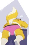 anthro bent_over bulge butt butt_cleavage chromatic_aberration climbing clothed clothing ellipsis fur male pink_clothing pink_underwear raised_tail rear_view solo striped_body striped_fur stripes tail underwear underwear_only yellow_body yellow_fur skaifox skai canid canine fox mammal 2023 digital_media_(artwork) hi_res