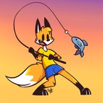 anthro black_ears blue_bottomwear blue_clothing blue_shorts bottomwear clothing dipstick_tail dot_eyes fangs fishing_rod fur gloves_(marking) holding_fishing_rod holding_object leg_markings male markings open_mouth orange_body orange_fur shirt shorts simple_background simple_eyes socks_(marking) solo tail tail_markings teeth topwear yellow_clothing yellow_shirt yellow_topwear young rafvicalv canid canine fish fox mammal marine 1:1 hi_res