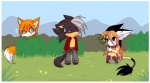 3_toes anthro barefoot bodily_fluids border chibi feet female group hiding hyritwolf male plant stick sweat sweatdrop tail text toes white_border felousefarnayne luna777 felouse_(character) hyrit_(character) taratsu_(character) canid canine fox mammal moondog english_text