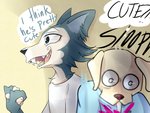 anthro clothed clothing dialogue duo fur grey_body grey_fur neck_tuft open_mouth open_smile sharp_teeth smile speech_bubble tan_body tan_fur teeth text thought_bubble tuft psibunny beastars jack_(beastars) legoshi_(beastars) bird_dog canid canine canis domestic_dog hunting_dog labrador mammal retriever wolf 2020 4:3 comic english_text hi_res