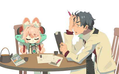 :3 anthro black_hair braided_hair clipboard clothed clothing duo ear_piercing eyes_closed female fur furniture hair hand_on_forehead hands_behind_head holding_clipboard holding_object holding_pen inner_ear_fluff jewelry kemono long_hair male newspaper open_mouth paper pen piercing pink_hair shirt simple_background sitting sitting_at_table smile stressed suit table teapot topwear tuft white_background white_body white_clothing white_fur white_suit writing_utensil mangedugruau mihoyo zenless_zone_zero damian_blackwood zhao human lagomorph leporid mammal rabbit thiren 2025 hi_res