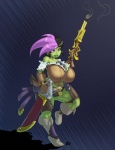 big_breasts breasts clothed clothing ear_piercing facial_piercing female green_body green_eyes green_skin gun hair holding_object holding_weapon lip_piercing melee_weapon multicolored_hair nose_piercing not_furry piercing ranged_weapon skimpy smile solo sword two_tone_hair weapon lurkergg gadget_(character) goblin humanoid 2013 hi_res