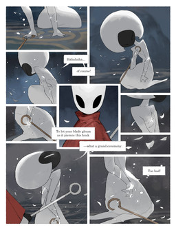 anthro biped black_body black_eyes cloak clothing detailed_background dialogue duo dying empty_eyes eyes_closed female female_anthro female_humanoid hornet's_needle kneeling laugh mouthless narrowed_eyes pain red_cloak red_clothing solo_focus speech_bubble talking_to_another text white_body white_eyes darkdog hollow_knight:_silksong hollow_knight_(franchise) team_cherry hornet_(hollow_knight) lace_(hollow_knight:_silksong) arthropod humanoid 2025 absurd_res comic digital_drawing_(artwork) digital_media_(artwork) english_text hi_res