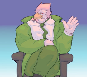5_fingers accessory anthro beak biped bottomwear chair closed_smile clothed clothed_anthro clothed_male clothing cosplay countershade_face countershade_feathers countershade_neck countershading feathers fingers front_view fully_clothed fully_clothed_anthro fully_clothed_male furniture gesture gradient_background green_bottomwear green_clothing green_necktie green_pants green_suit green_topwear humanoid_hands looking_at_viewer male male_anthro mouth_closed multicolored_body multicolored_feathers muscular muscular_anthro muscular_male narrowed_eyes necktie on_chair open_clothing open_topwear pants pink_body pink_feathers red_eyes simple_background sitting sitting_on_chair smile smiling_at_viewer solo suit topwear two_tone_body two_tone_feathers waving waving_at_viewer white_body white_countershading white_dress_shirt white_feathers white_hands yellow_beak majestictweive neonavis killer7 kun_lan navi_(navisdx) avian bird digital_drawing_(artwork) digital_media_(artwork) hi_res shaded