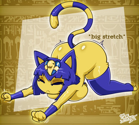 4_fingers :< abstract_background all_fours anthro ass_up big_breasts big_butt blue_hair bob_cut breasts butt cat_stretch claws clothing eyeliner eyes_closed female fingers fist fur hair legwear legwear_only lidded_eyes makeup markings mostly_nude nude onomatopoeia raised_tail short_hair solo sound_effects stretching striped_markings striped_tail stripes tail tail_markings text thick_thighs thigh_highs thigh_highs_only three-quarter_view uraeus wide_hips yellow_body yellow_fur thesodaaddict animal_crossing nintendo ankha_(animal_crossing) domestic_cat felid feline felis mammal 2025 full-length_portrait hieroglyphic_text portrait signature
