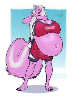 anthro barefoot big_breasts big_bulge big_tail biped bloated braided_hair breasts bulge cleavage cleavage_overflow clothed clothing feet fluffy fluffy_tail gynomorph gynomorph_anthro hair huge_breasts inflation intersex intersex_anthro lifeguard lifeguard_swimsuit logo long_hair looking_at_viewer one_eye_closed pink_body plantigrade skimpy solo standing swimwear tail text text_on_clothing text_on_topwear thick_thighs topwear white_hair wink winking_at_viewer boosterpang milo_(itsmenightwind) domestic_cat felid feline felis mammal 2025 artist_logo artist_name english_text hi_res japanese_text busty_boy_(lore) male_(lore)