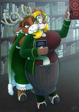 anthro antlers big_breasts blonde_hair book breast_grab breasts clothed clothing duo eyewear female fur glasses grey_eyes hair hand_on_breast hooves horn library smile topwear drxii madame_reindeer_(notaname) titania_witherbourne deer hybrid mammal new_world_deer reindeer absurd_res digital_media_(artwork) hi_res
