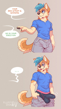 anthro blue_hair blush bulge clothed clothing detailed_bulge dialogue erection erection_under_clothing eyewear fur glasses hair male open_bottomwear open_clothing shirt solo speech_bubble t-shirt tail tan_body tan_fur tenting text tongue tongue_out topwear underwear wearing_glasses fluffydisk42 bra_strap_showing_(meme) fdisk canid canine canis domestic_dog mammal shiba_inu spitz 9:16 digital_media_(artwork) english_text hi_res meme