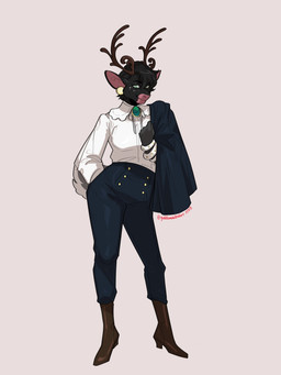 anthro antlers big_ears black_body black_fur black_hair boots bottomwear bracelet clothing ear_piercing ear_ring ears_up eyebrows female footwear fur green_eyes hair hand_in_pocket horn jacket jewelry looking_at_viewer necklace pants piercing pockets ring_piercing shirt shoes smile smiling_at_viewer solo topwear goddamnitrobin aima_tahtivyo_(lynxzy) deer mammal new_world_deer reindeer 3:4 hi_res