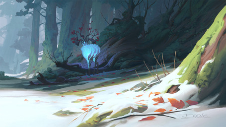 ambiguous_gender antlers blue_body detailed_background feral forest glowing glowing_body horn leaf outside plant snow solo standing tree dao_trong_le deer elemental_creature mammal 16:9 digital_media_(artwork) hi_res widescreen