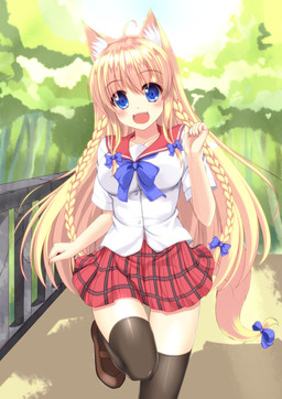 5_fingers absolute_territory accessory ahoge blonde_hair blue_eyes blush bottomwear bow_(feature) bow_accessory bow_ribbon braided_hair breasts button_(fastener) clothed clothed_female clothed_humanoid clothing collared_shirt detailed_background eyebrows eyelashes fangs female female_humanoid fingers footwear front_view fully_clothed fully_clothed_female fully_clothed_humanoid furgonomics hair legwear loafers long_hair looking_at_viewer open_mouth open_smile pattern_bottomwear pattern_clothing pattern_skirt pigtails plaid plaid_bottomwear plaid_clothing plaid_skirt railing ribbons running school_uniform shadow shirt shoes skirt smile solo tail tail_accessory tail_bow tail_ribbon teeth thigh_highs topwear twin_braids uniform sogaya animal_humanoid canid canid_humanoid canine canine_humanoid fox fox_humanoid humanoid mammal mammal_humanoid 2012 digital_media_(artwork) hi_res portrait shaded three-quarter_portrait